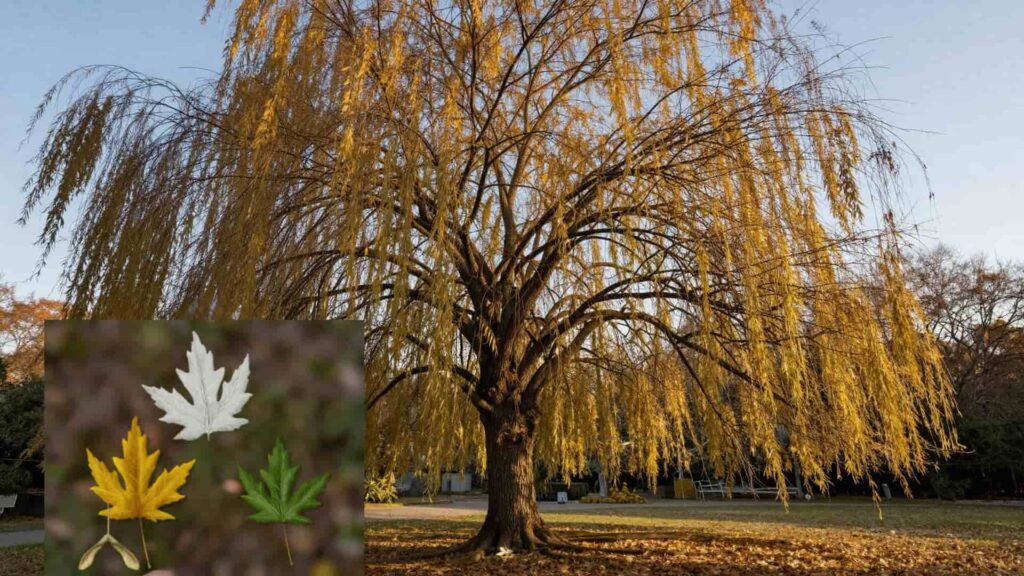 A tall Silver Maple tree with yellow autumn leaves in a park, featuring an inset of three individual maple leaves.