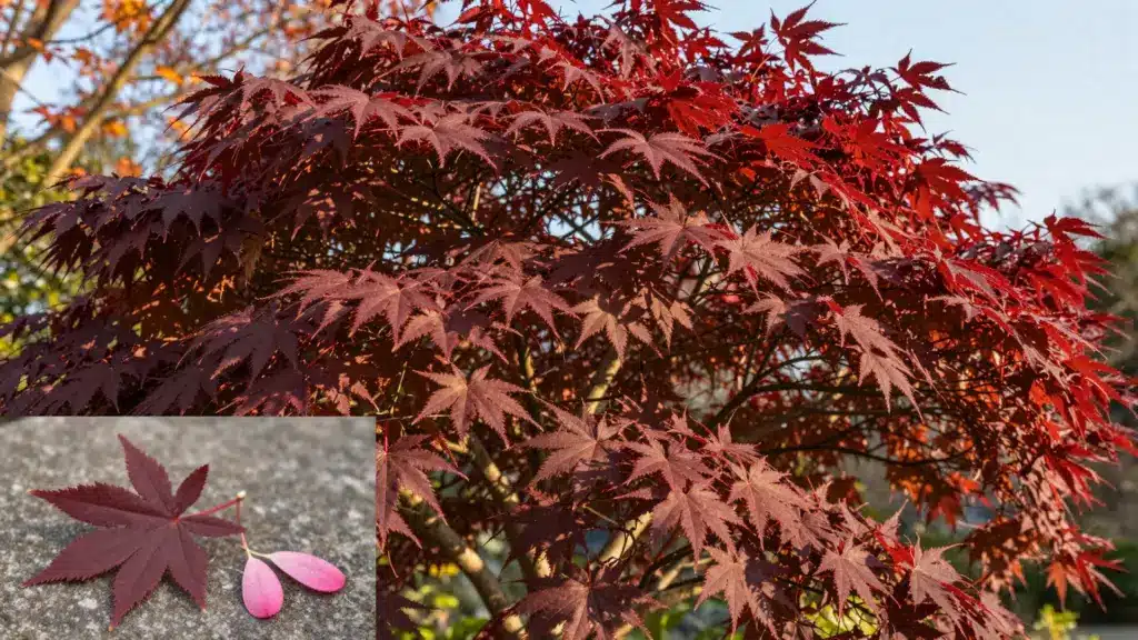 A vibrant Japanese Maple tree with deep red, lacy leaves and an inset showing a single leaf and pink samara seeds.