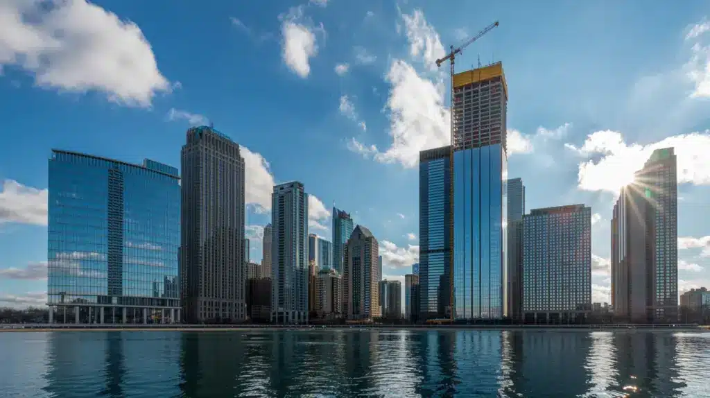 A wide-angle view of modern glass skyscrapers and a large building under construction with a crane, situated along a waterfront under a bright, cloudy sky.