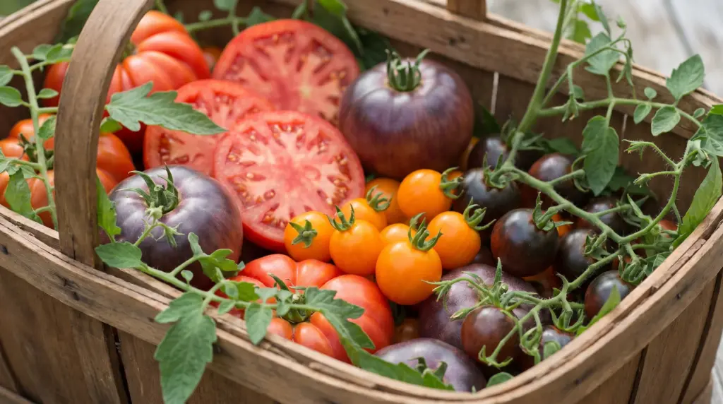 A wooden basket filled with a variety of colorful tomatoes, including red, orange, and dark purple heirloom and cherry varieties.