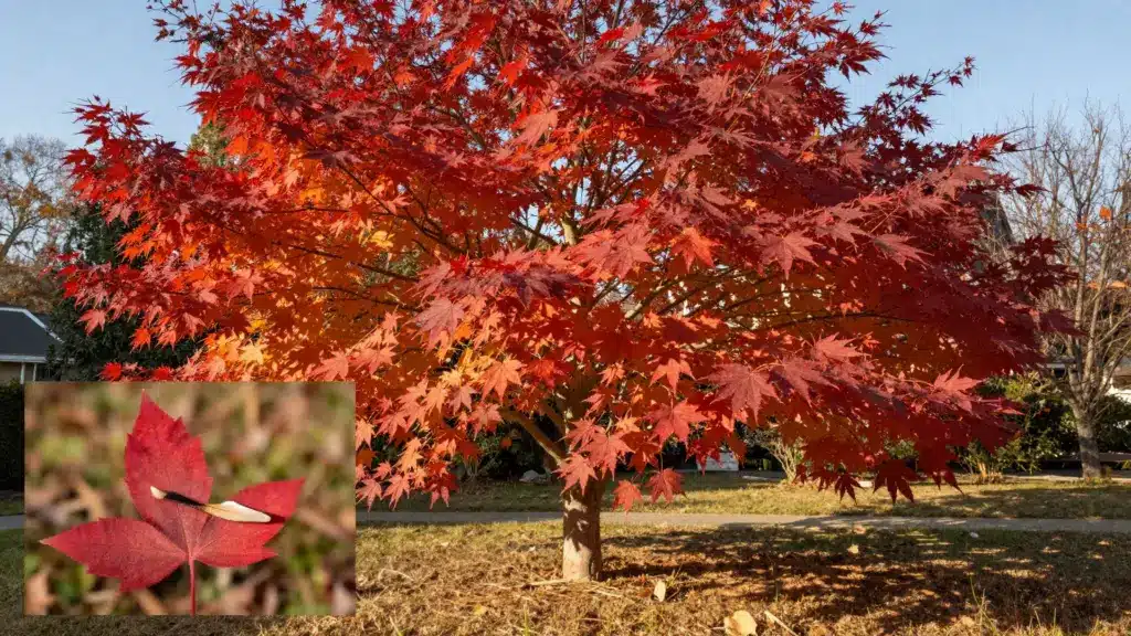An Amur Maple tree with fiery red autumn foliage and an inset showing three distinct elongated triangular leaves.