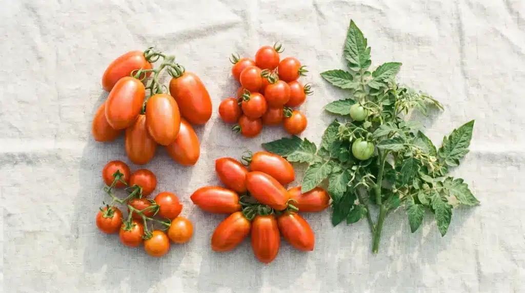 An overhead shot of several clusters of ripe, oblong Roma tomatoes and a small green tomato vine resting on a light-colored fabric surface.