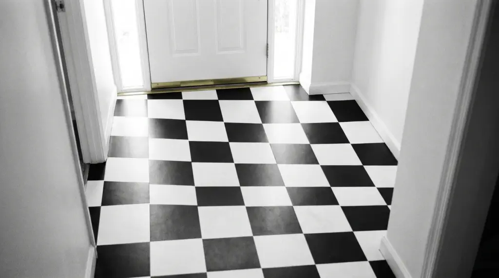 Classic black and white checkerboard tile flooring in a traditional hallway with vintage decor and warm lighting.