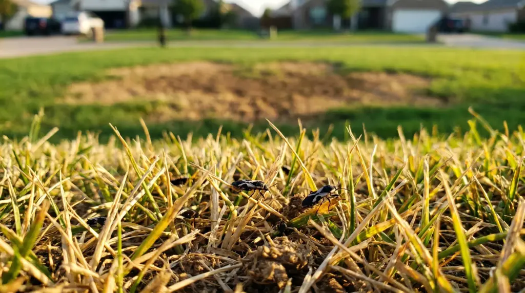 Close-up of small black chinch bugs with white wings crawling on dry, yellowed grass blades in a damaged lawn.
