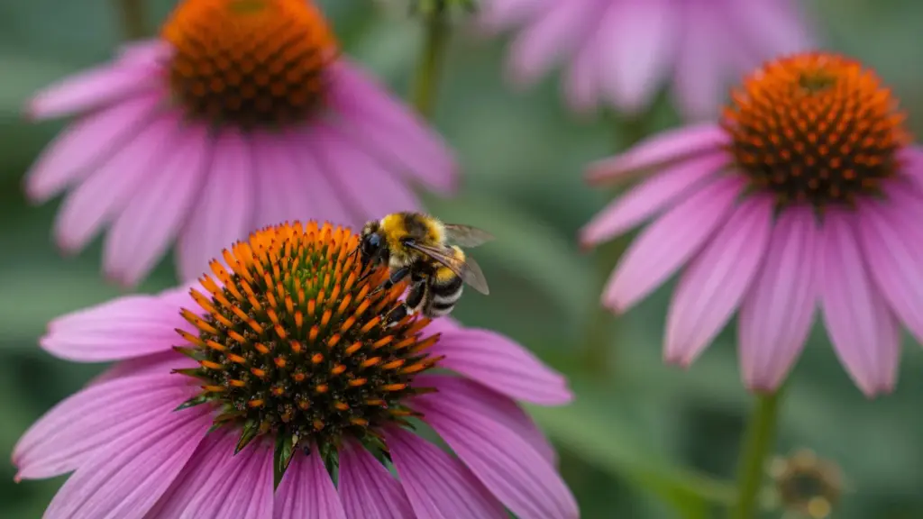  A Purple Coneflower with its signature drooping pinkish-purple petals and a prominent, spiky orange-brown center.