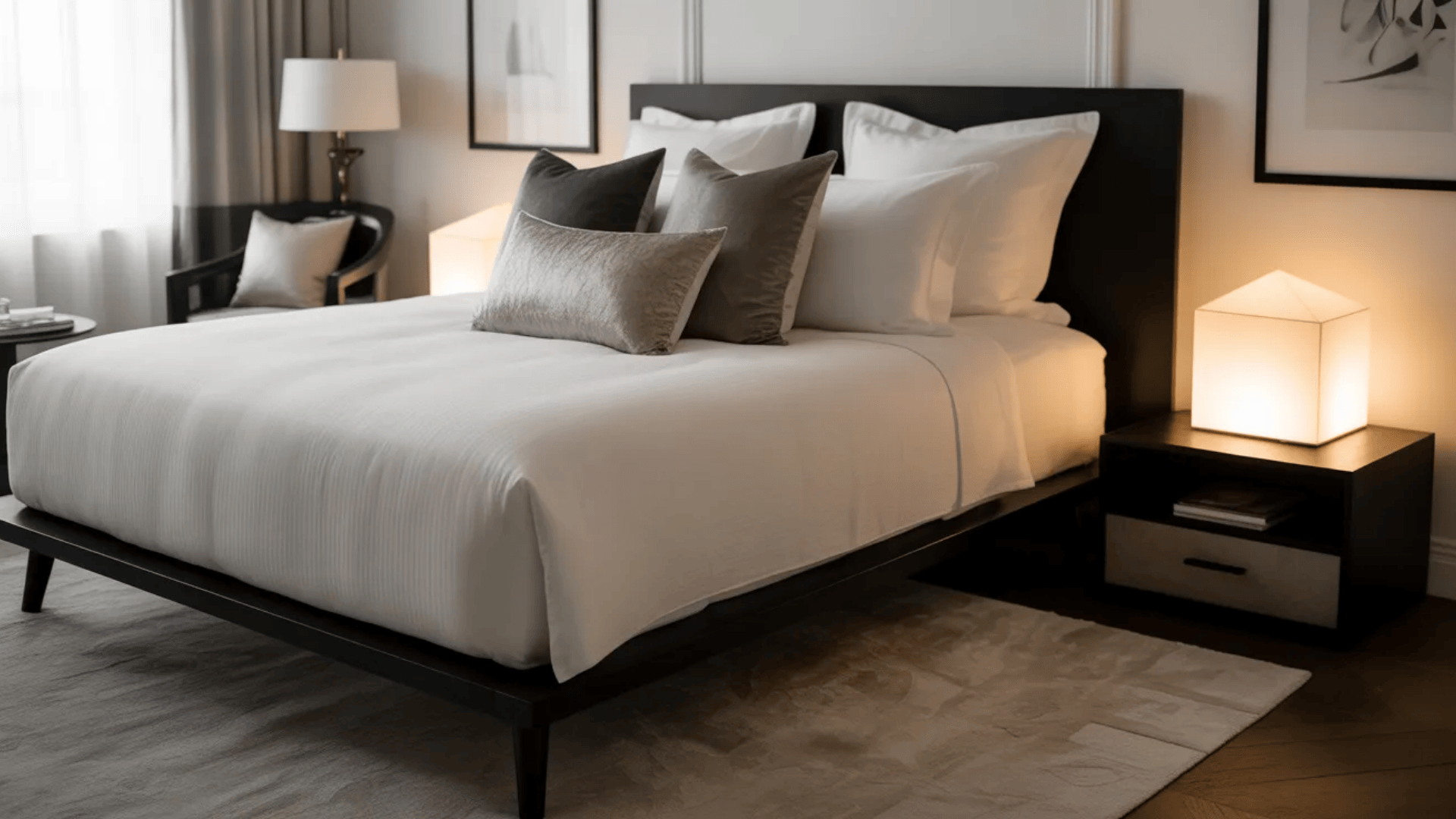 Feminine black and white bedroom with cozy bedding, soft lighting, and modern minimalist decor
