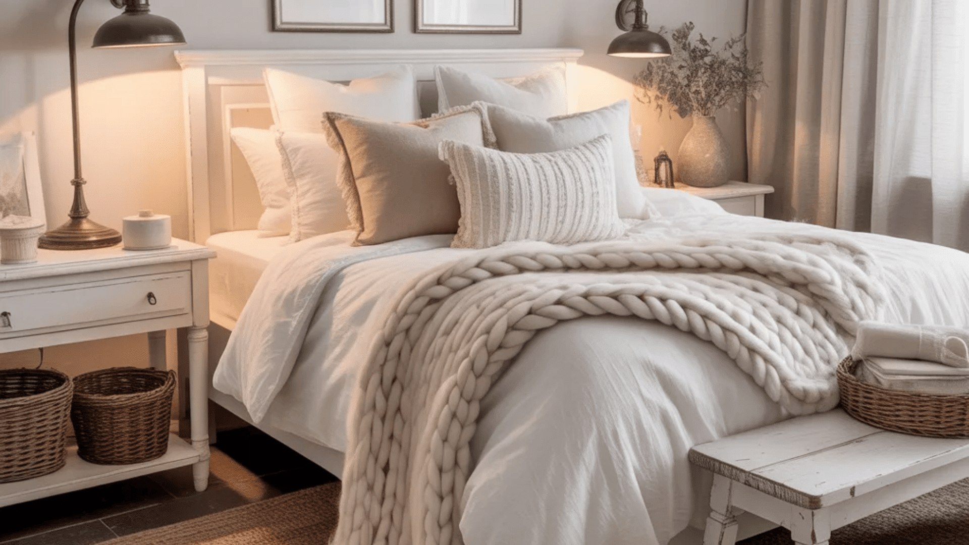 Feminine black and white bedroom with cozy knit blanket, neutral decor, and warm natural light from window