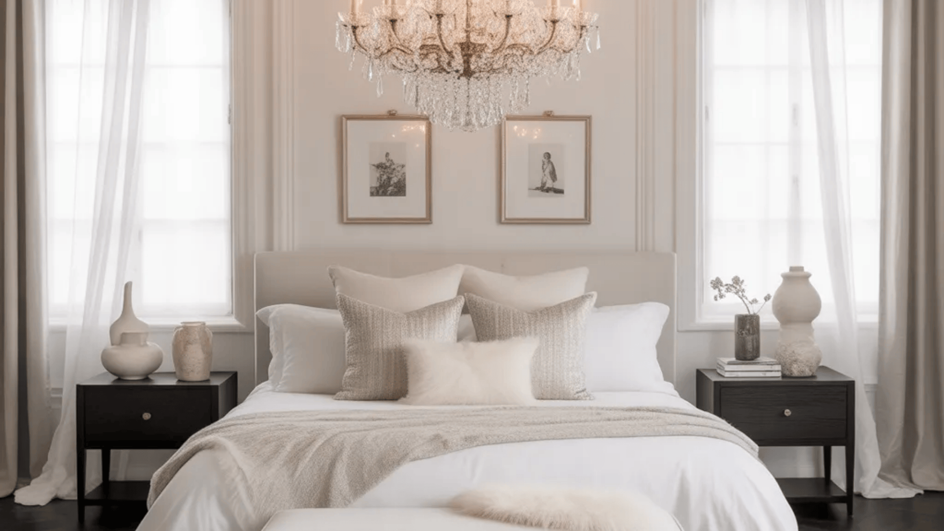 Feminine black and white bedroom with elegant canopy bed, soft bedding, black nightstands, and modern decor accents