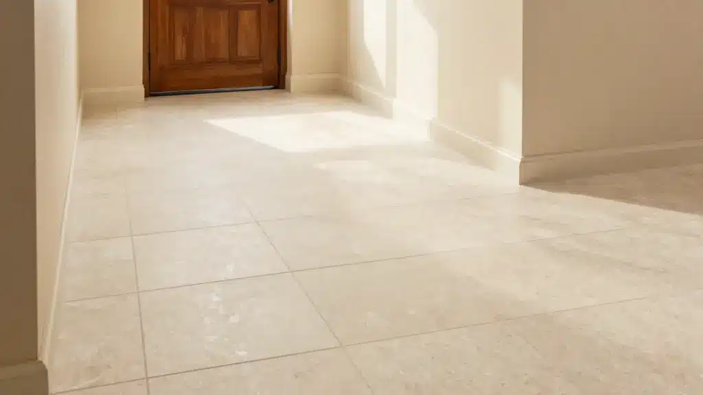 Honed stone-look travertine porcelain tiles in warm beige tones leading toward a wooden front door