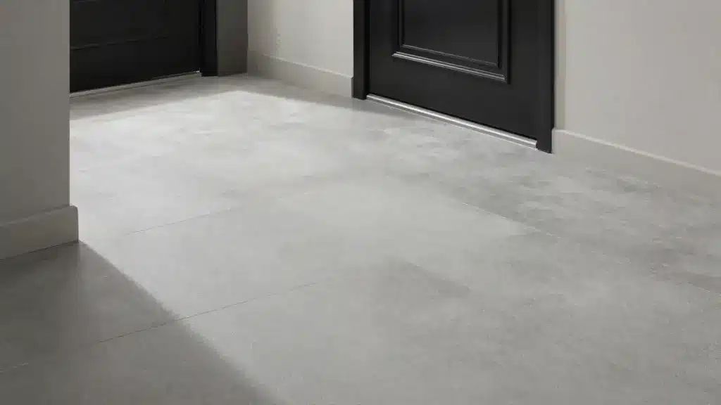Industrial-style matte gray concrete-look porcelain tiles on an entryway floor with minimalist metal accents