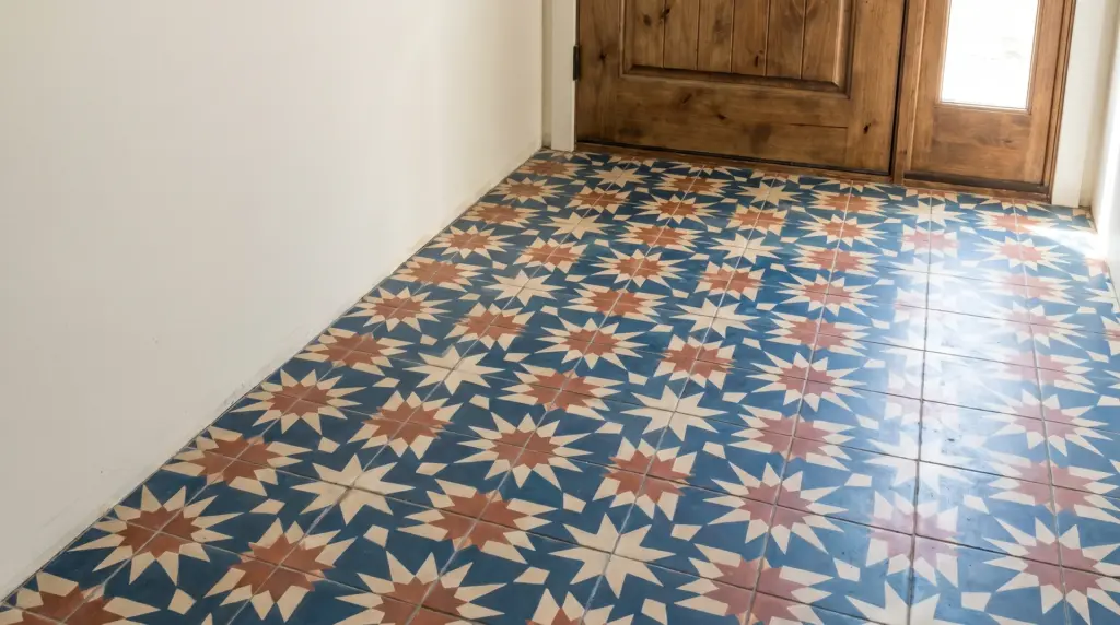 Intricate Moroccan encaustic patterned tiles in blue and gray tones covering the floor of a bohemian-style entryway