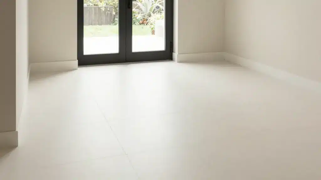 Large-format polished white porcelain floor tiles reflecting light in a spacious, modern minimalist home entryway
