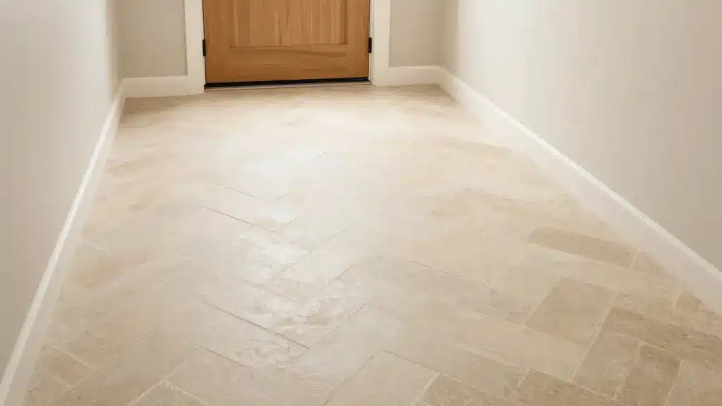 Light oak wood-look porcelain tiles arranged in a stylish herringbone pattern in a transitional home entrance