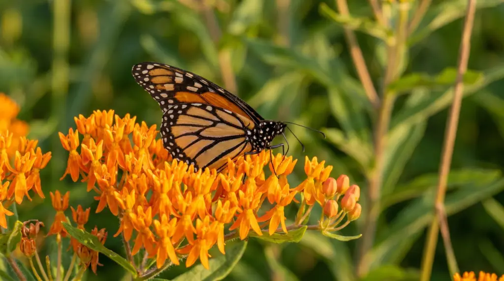 A close-up of a Monarch butterfly resting on a cluster of bright orange Milkweed (Butterfly Weed) flowers.