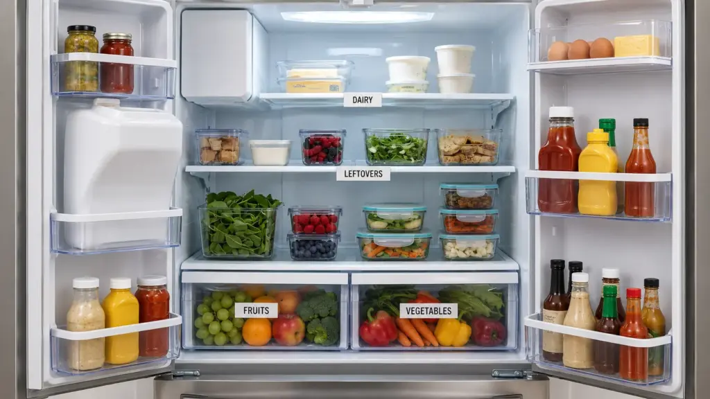 How to Organise Fridge Like a Pro Organized refrigerator with labeled containers, produce drawers, dairy shelf, and condiments in door shelves