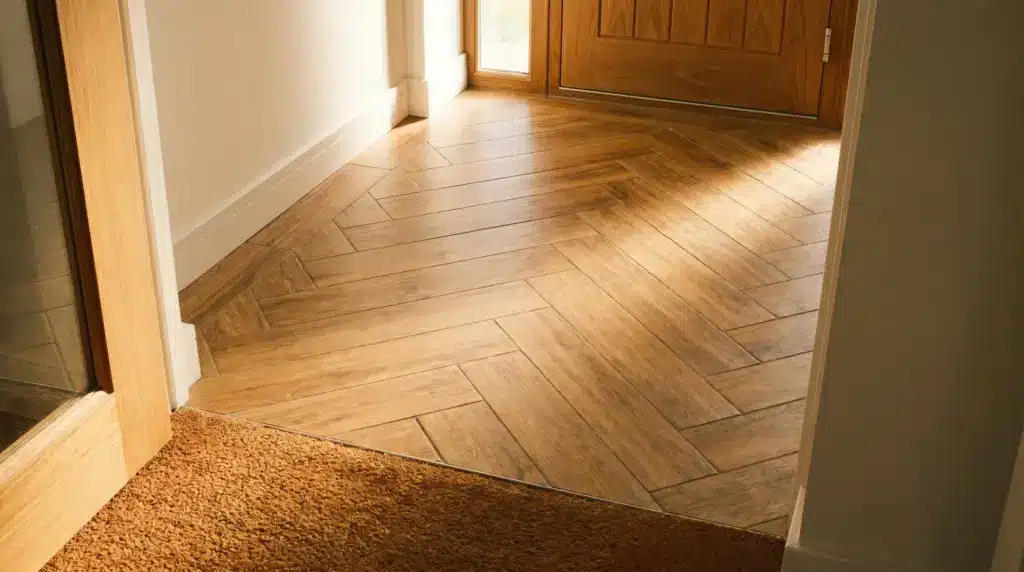 Rustic wood-look porcelain planks laid in a straight pattern, mimicking natural grain in a bright farmhouse foyer