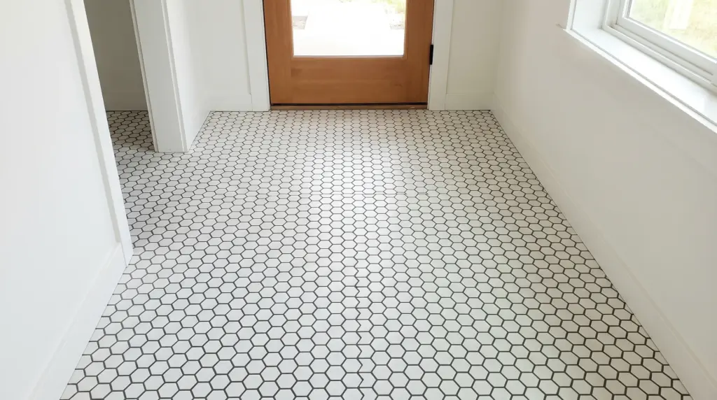 Small white hexagon mosaic floor tiles with dark contrasting grout in a mid-century modern entryway