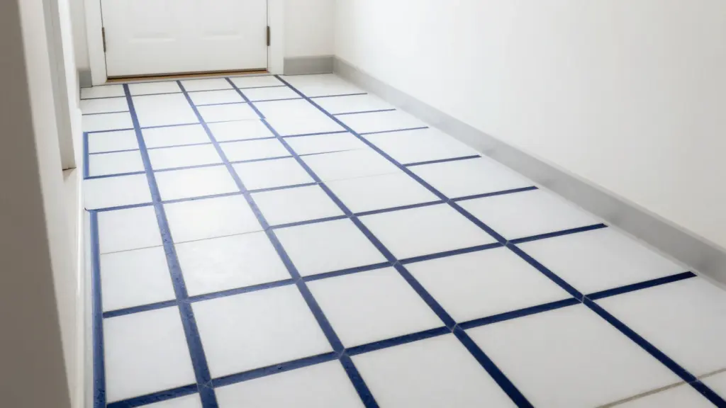 Square white tiles with deep navy blue grout lines providing a unique graphic contrast in a modern hallway