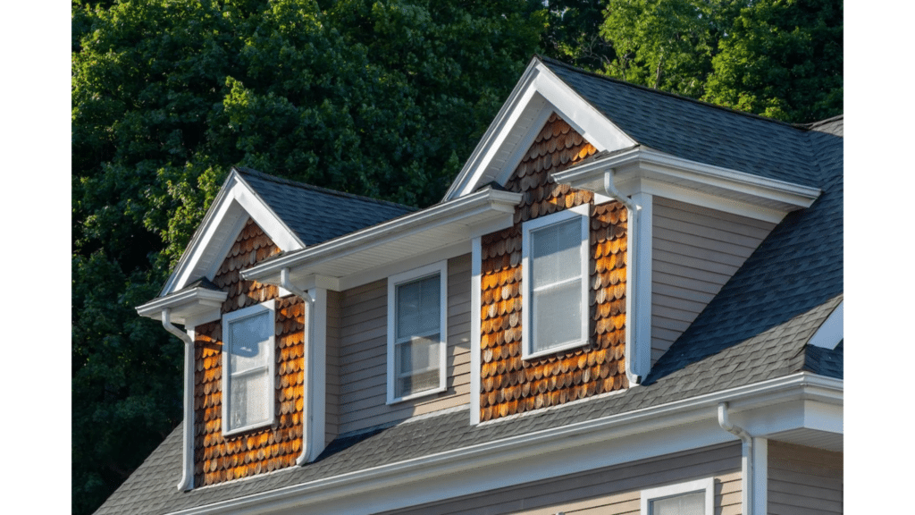 What Is Fascia on a House? Types, Uses & Signs of Damage This image showcases a house with a unique roof design, featuring wooden shingles on the upper walls and a traditional shingle roof.what is fascia on a house