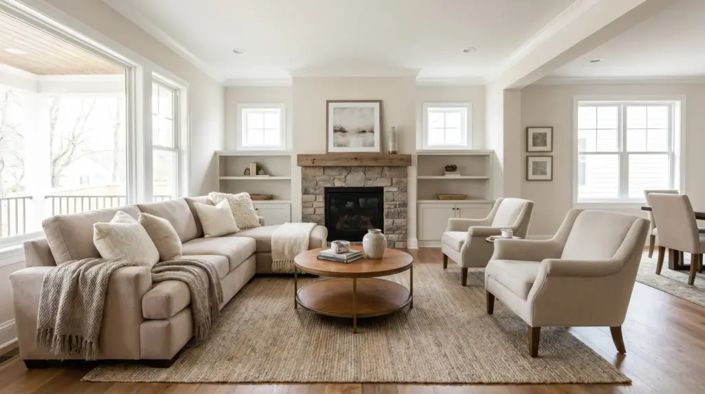 Transitional Interior Design: Complete Guide Transitional-style living room with neutral furniture, warm wood accents, and a mix of modern and traditional decor.