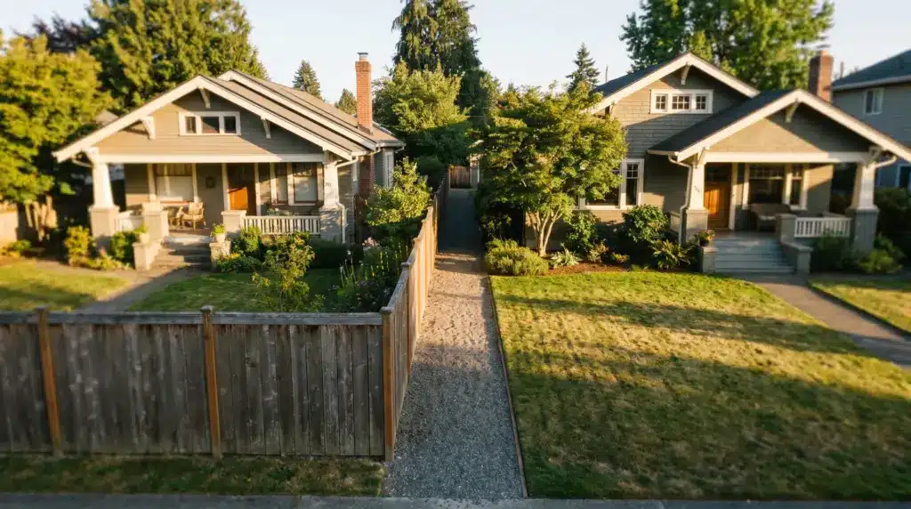 Two suburban homes separated by a wooden fence with a narrow gravel pathway running between the properties under a clear sky