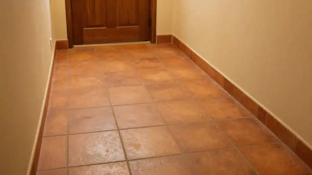 Warm, earthy terracotta clay tiles in a Mediterranean-style home entrance featuring natural textures and plants