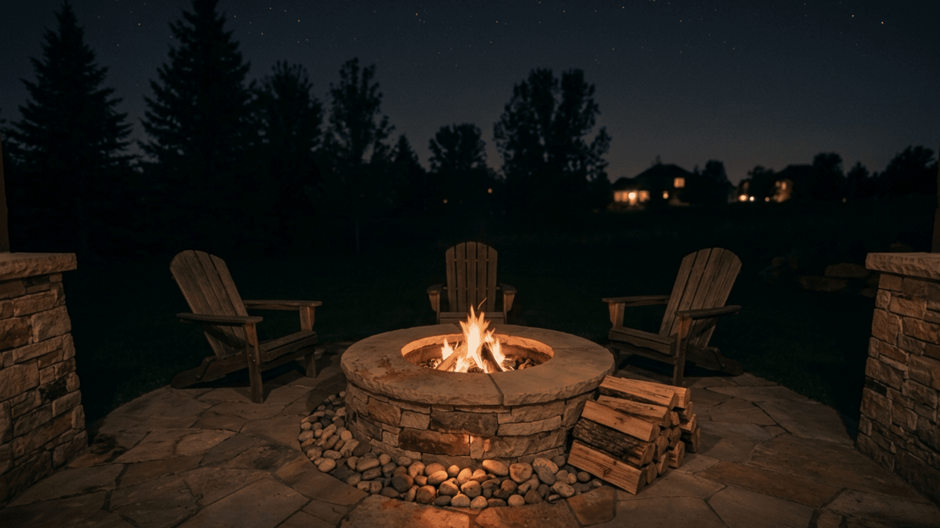 a backyard fire pit with burning flames surrounded by wooden chairs under a dark night sky with stars and distant houses