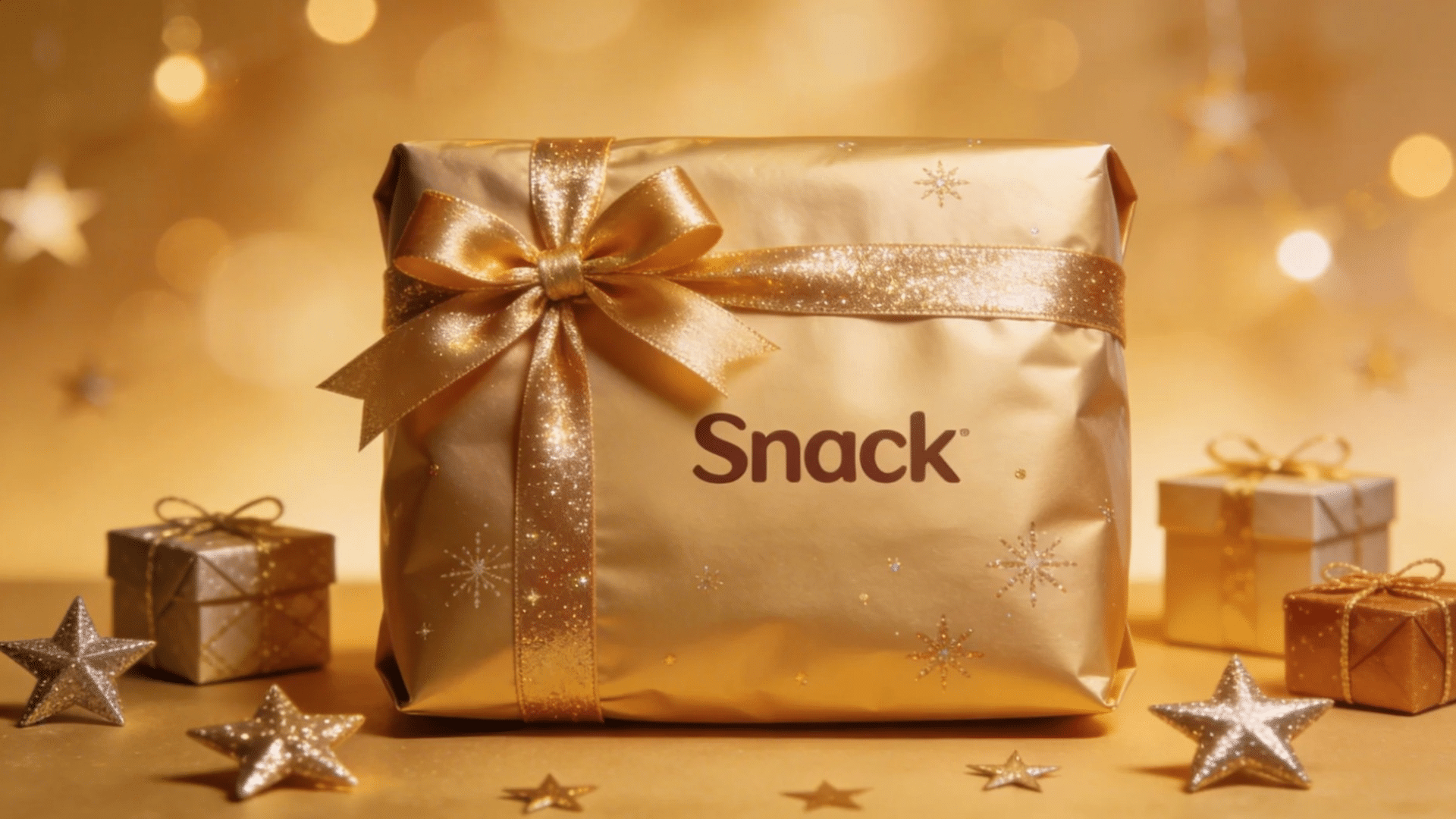 a beautifully wrapped gold gift box with a ribbon surrounded by smaller presents and festive decorations for favorite things party gift ideas