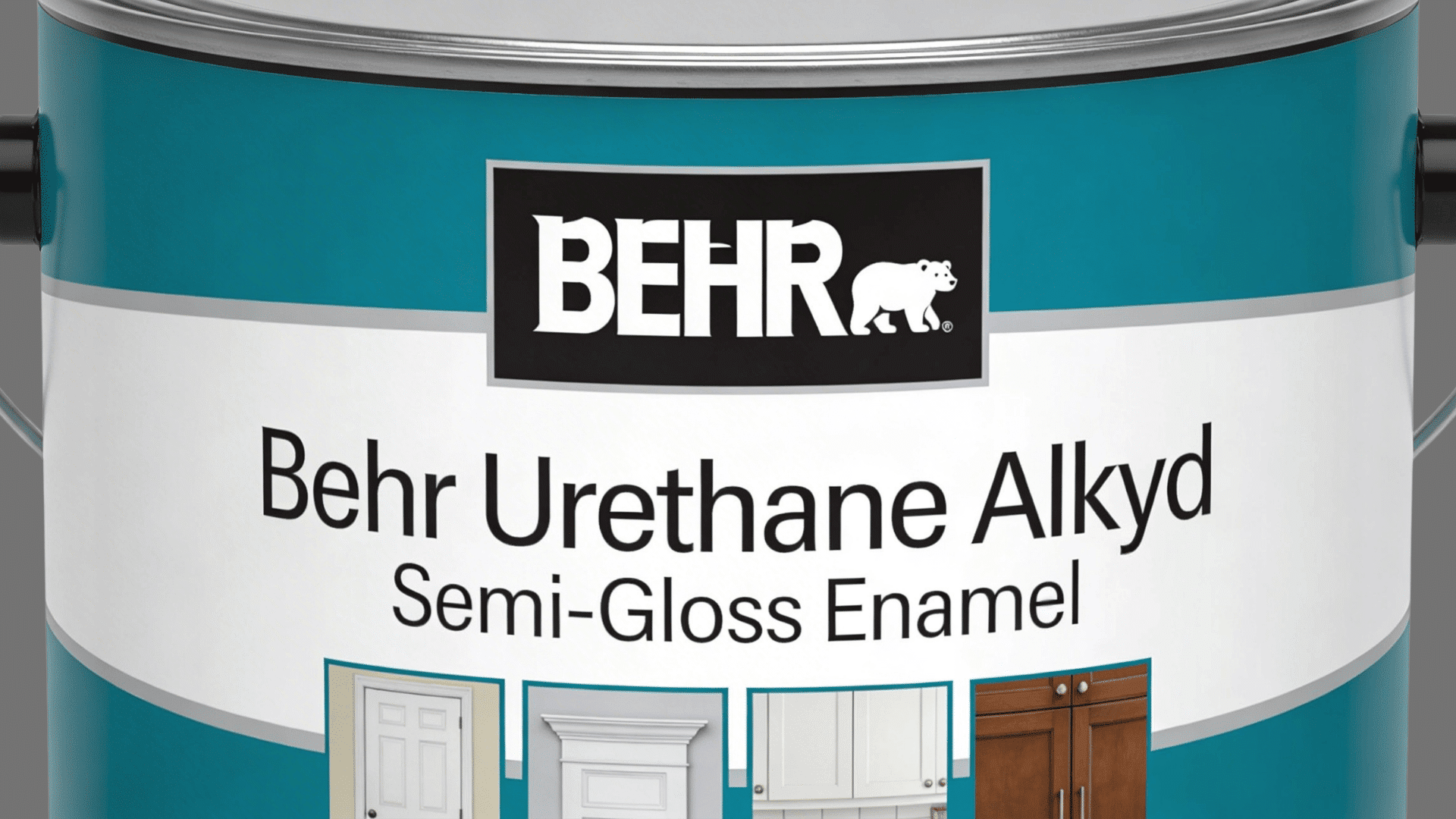 a behr urethane alkyd semi gloss enamel paint can with metal handle on white background