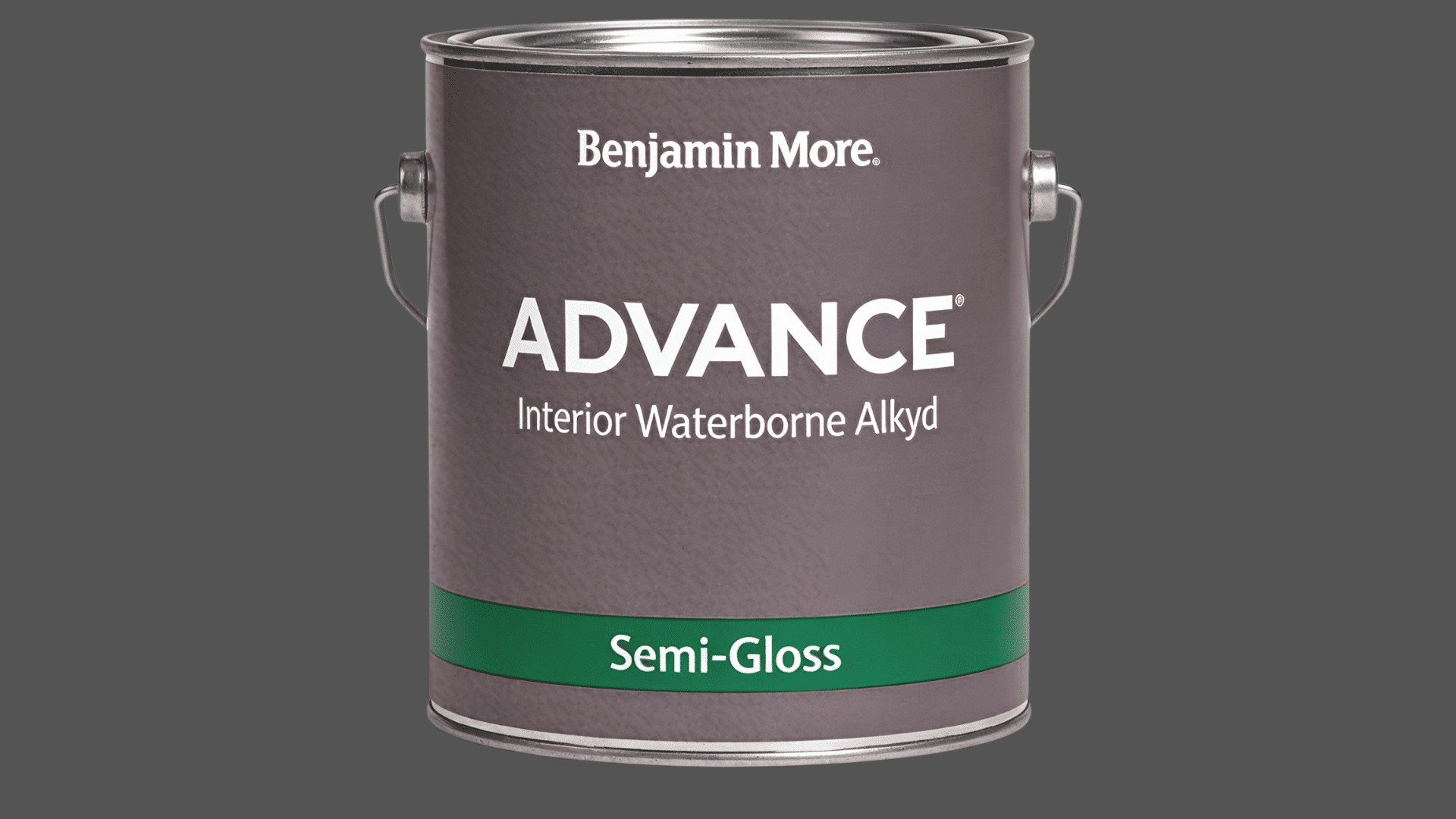 a benjamin moore advance semi gloss interior waterborne alkyd paint can with metal handle on white background