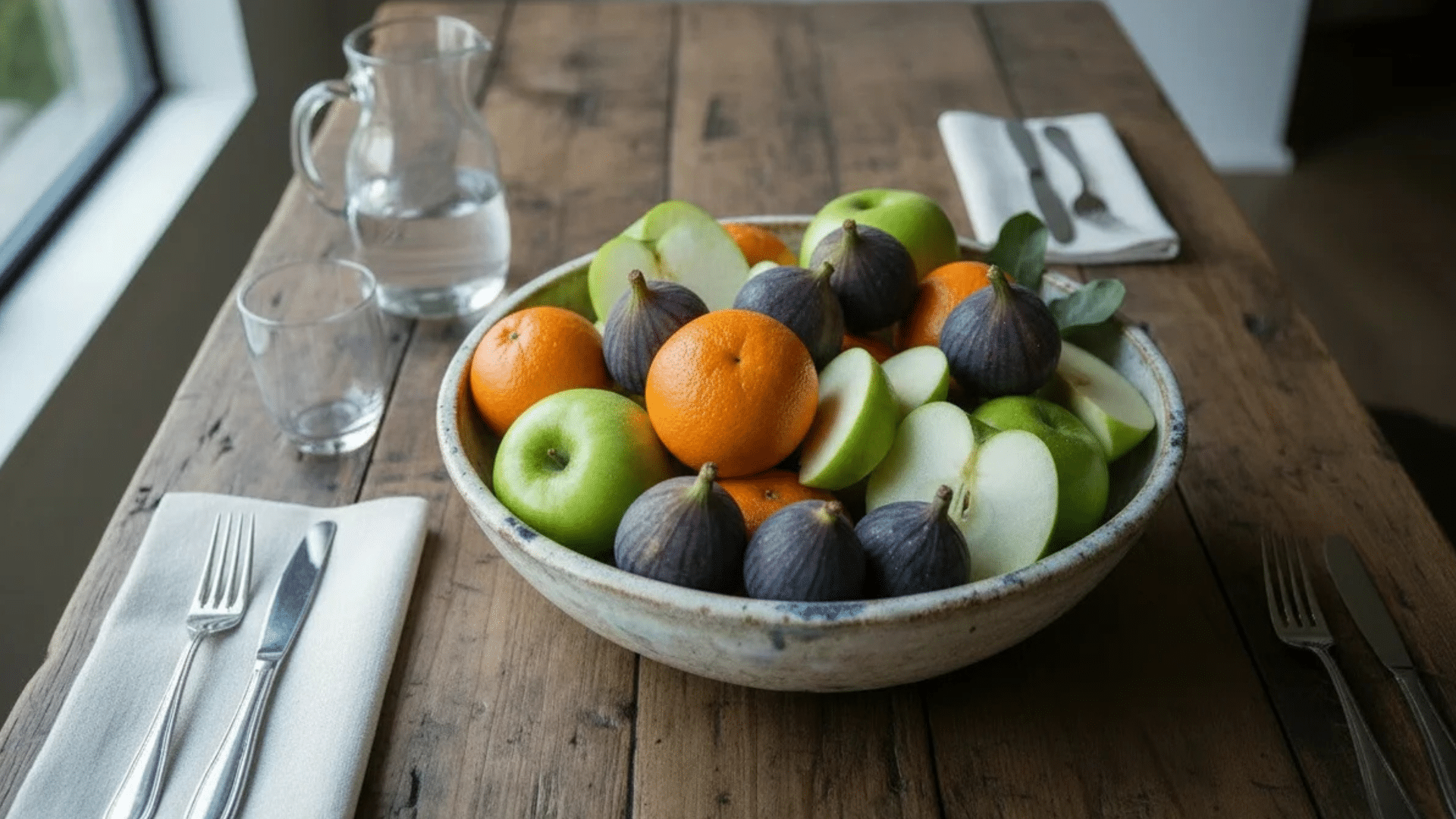 a bowl of apples figs oranges on wooden table with glass and plates setup