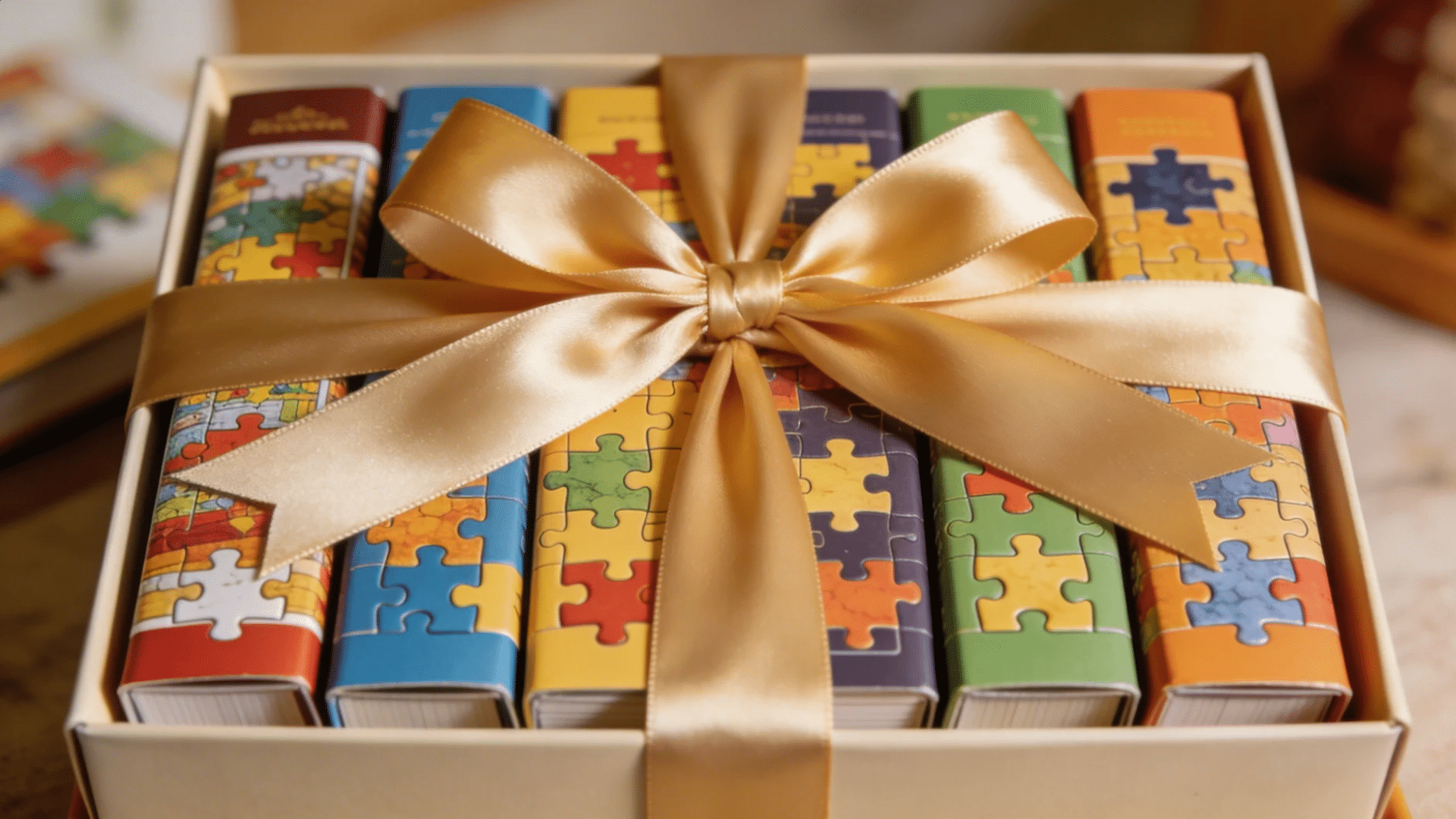 a boxed set of colorful notebooks with puzzle-themed covers tied together with a gold ribbon for favorite things party gift ideas