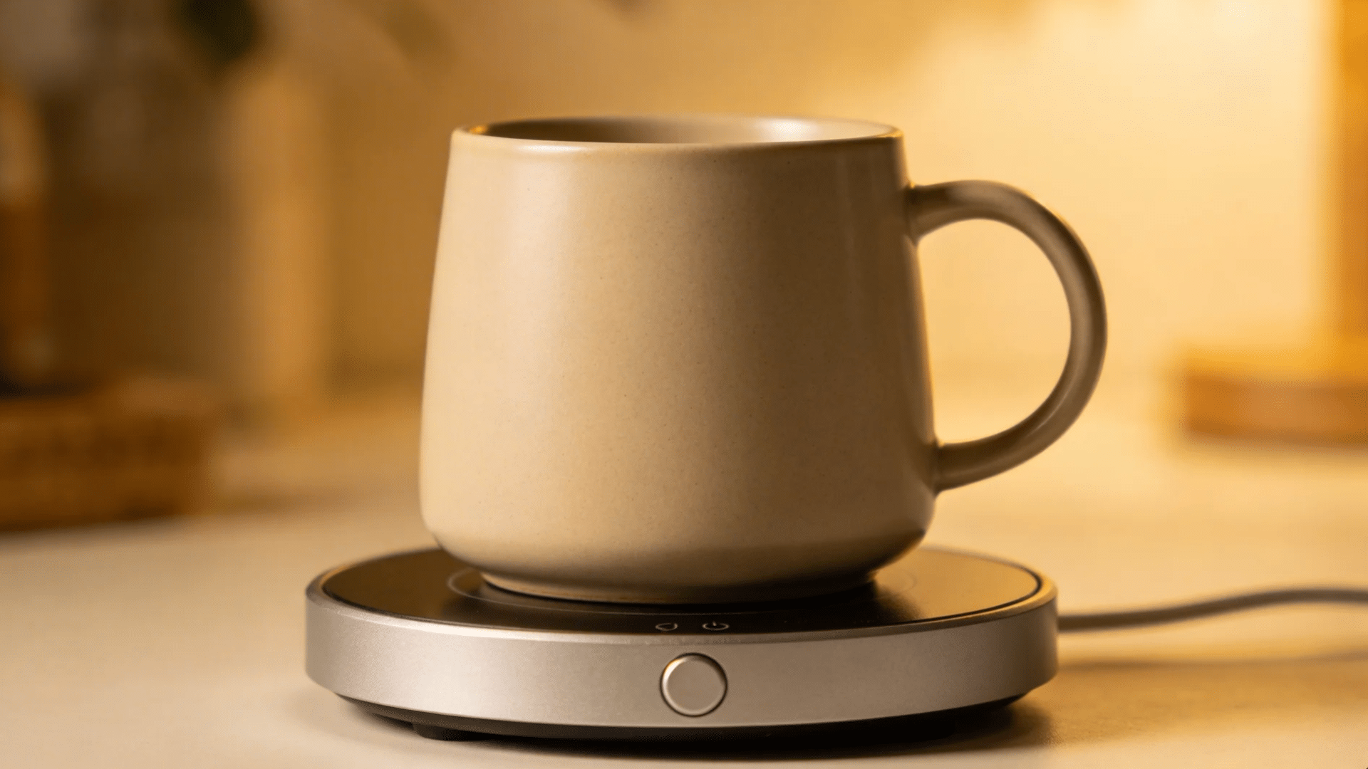 a ceramic mug placed on an electric mug warmer on a table in a cozy setting for favorite things party gift ideas