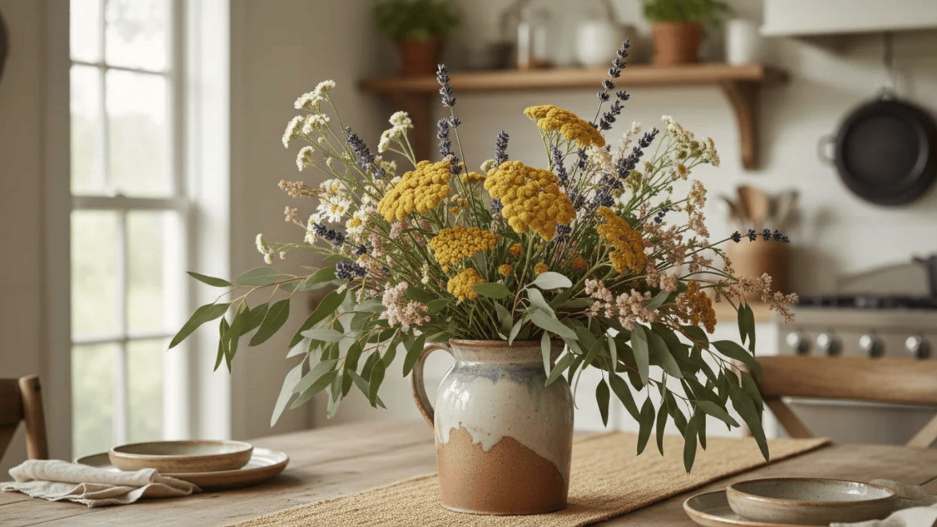 a ceramic vase with wildflowers on wooden table in cozy kitchen with soft natural light and rustic decor in background