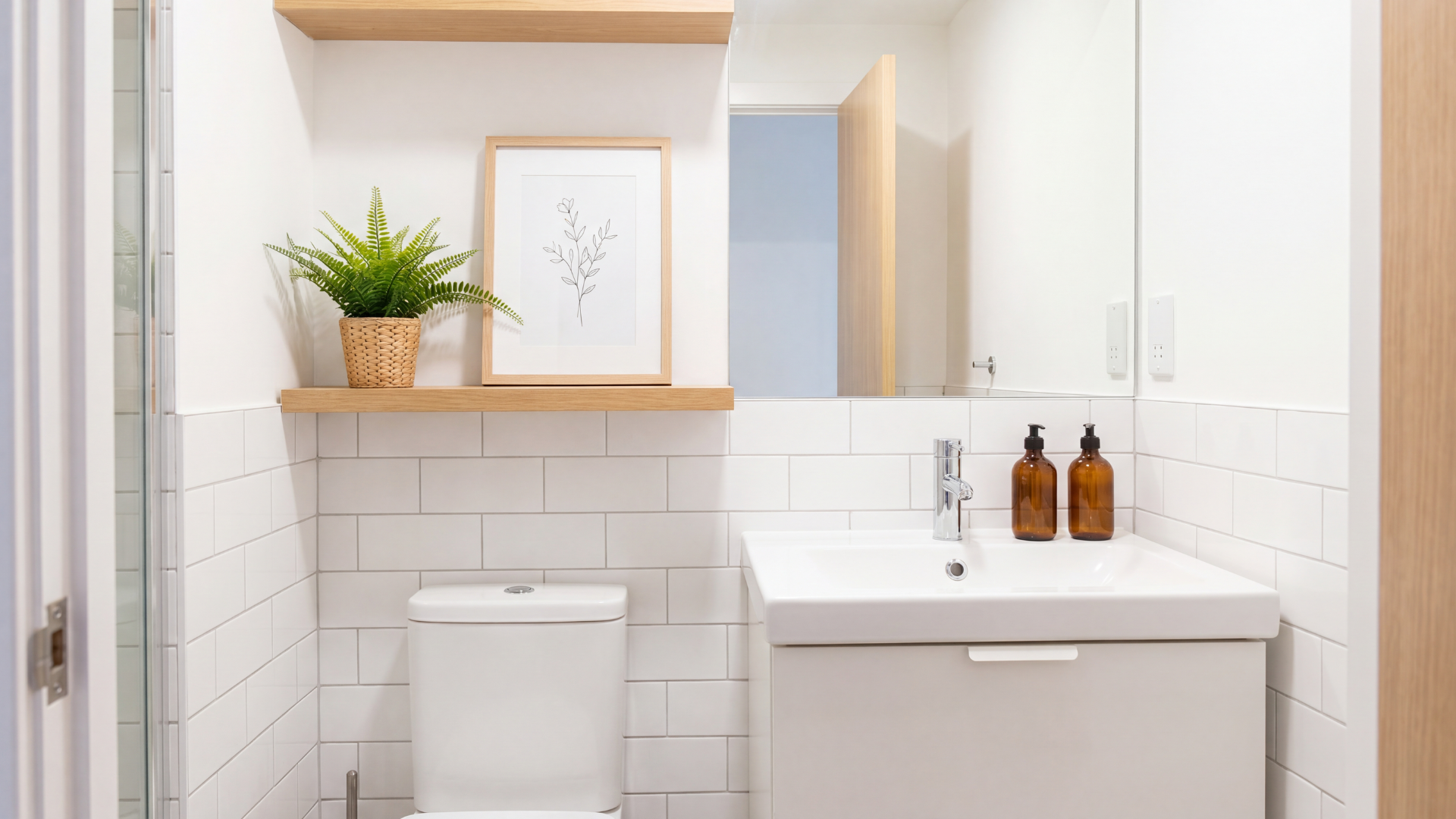 a clean white bathroom with light wood shelves, a small green plant, framed wall art and matching amber soap bottles that create a simple and aesthetic decor style perfect for small spaces.