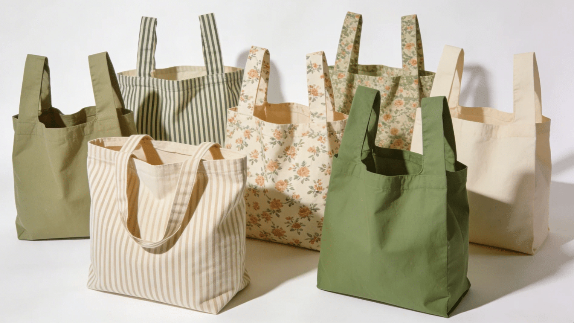 a collection of reusable fabric tote bags in various colors and patterns arranged together for favorite things party gift ideas
