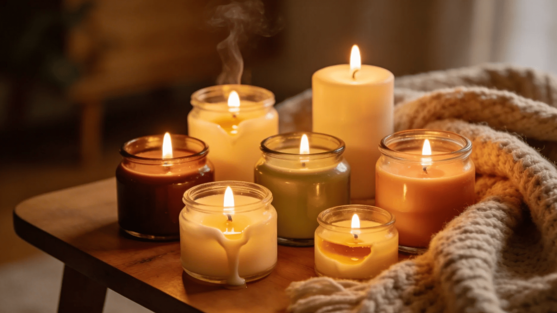 a collection of scented candles in glass jars glowing warmly beside a cozy blanket for favorite things party gift ideas