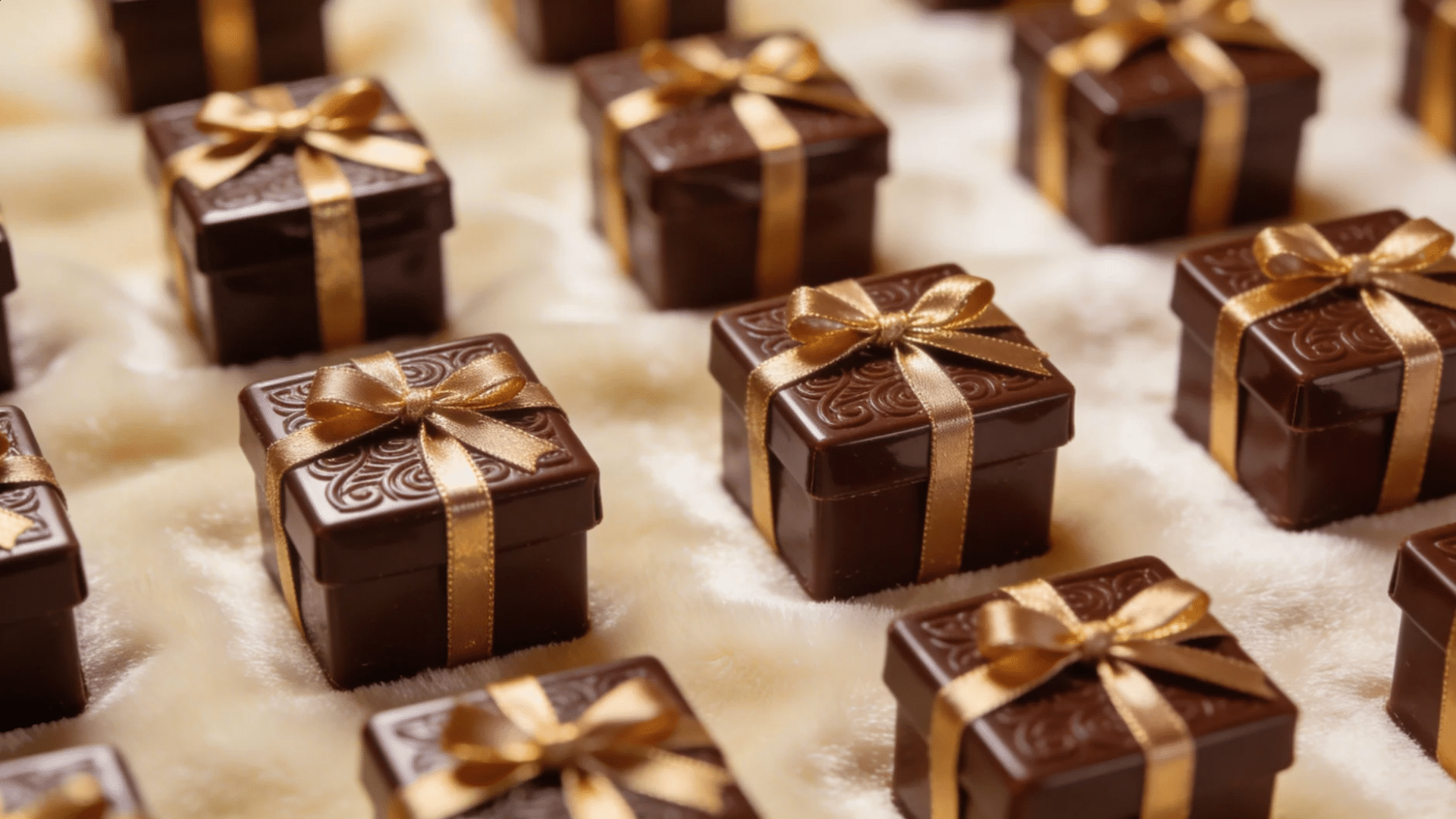 a collection of small chocolate gift boxes with gold ribbons arranged neatly on a soft surface for favorite things party gift ideas
