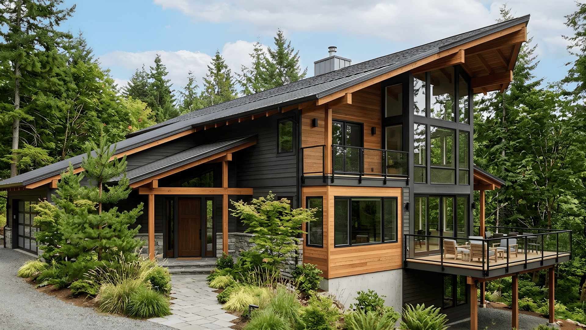 a contemporary home with a combination of gable roof type and flat roof sections featuring modern design elements
