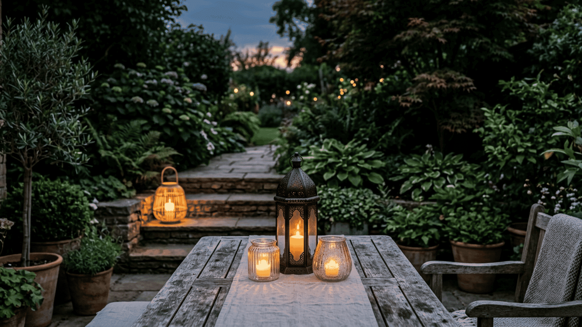 a cozy garden patio at dusk with wooden table candles glowing lanterns and lush plants surrounding a stone pathway