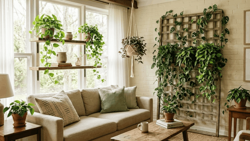 a cozy living room with many green indoor plants on shelves and walls near a bright window indoor vine plants for a lush home