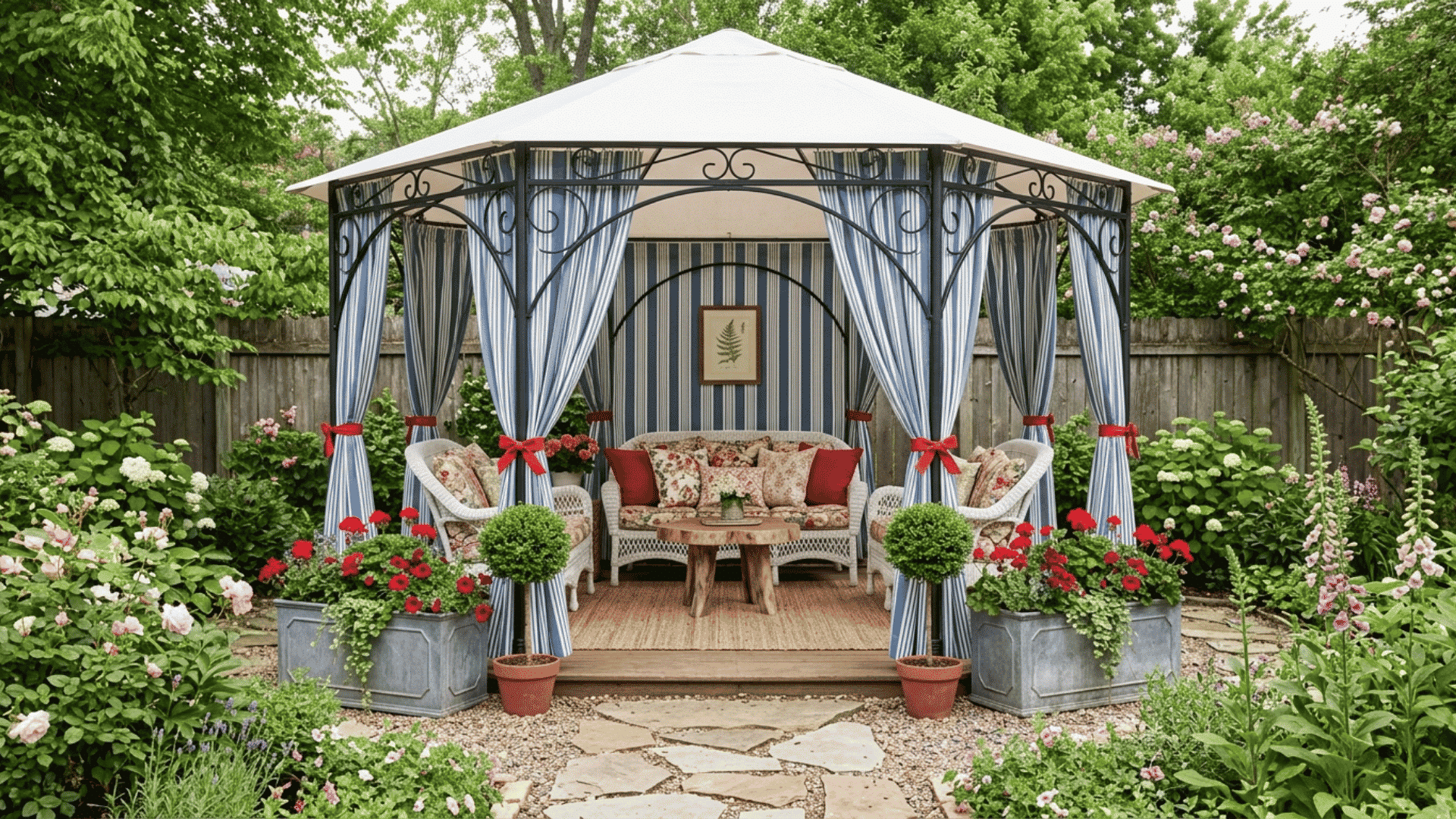 a cozy outdoor deck seating area with sectional sofa string lights wooden table and decorative pillows surrounded by trees at dusk (1)