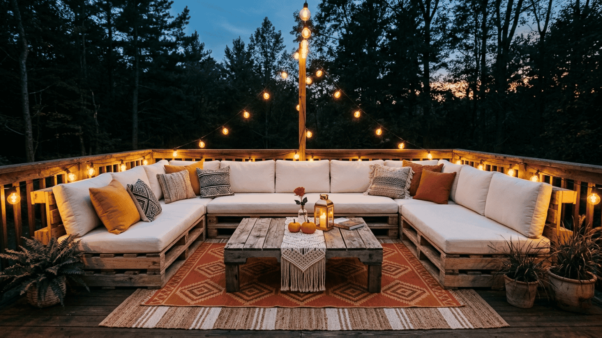 a cozy outdoor deck seating area with sectional sofa string lights wooden table and decorative pillows surrounded by trees at dusk