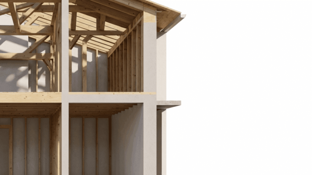 a cross sectional view of a house frame showing the structure to help understand how to tell if a wall is load bearing