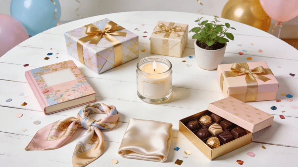 a curated collection of small gifts including a candle chocolates scarf notebook plant and wrapped boxes arranged on a festive table for favorite things party gift ideas