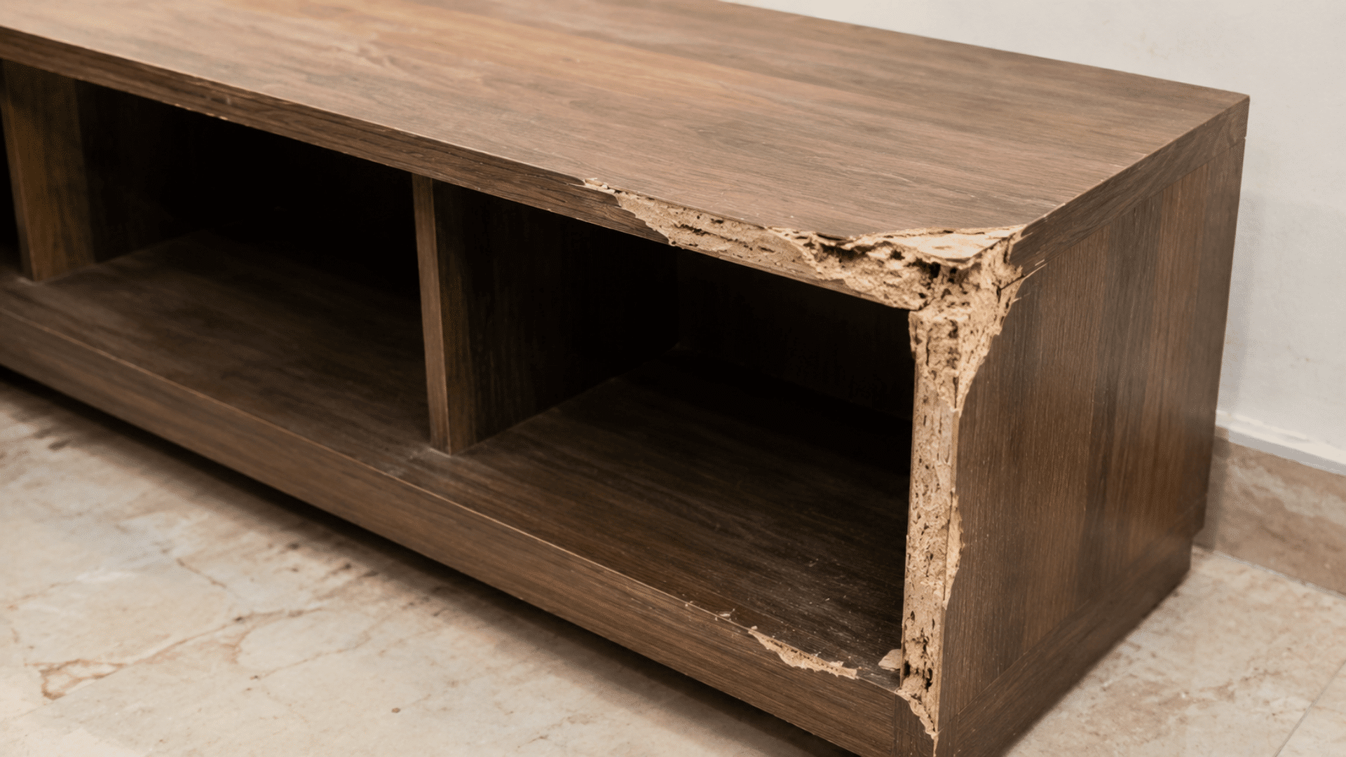 a damaged engineered wood cabinet with chipped corners and peeling veneer placed on a tiled floor