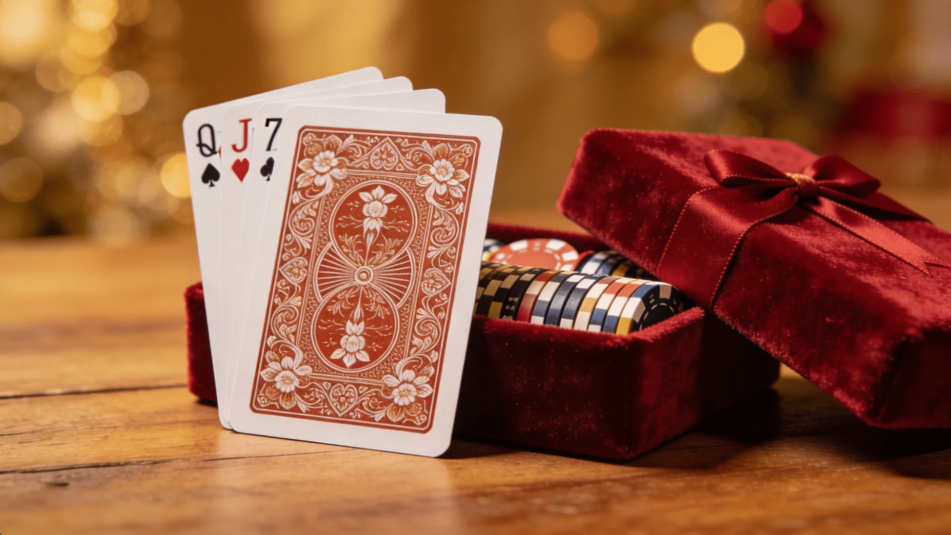 a deck of playing cards displayed beside a velvet box filled with poker chips for favorite things party gift ideas