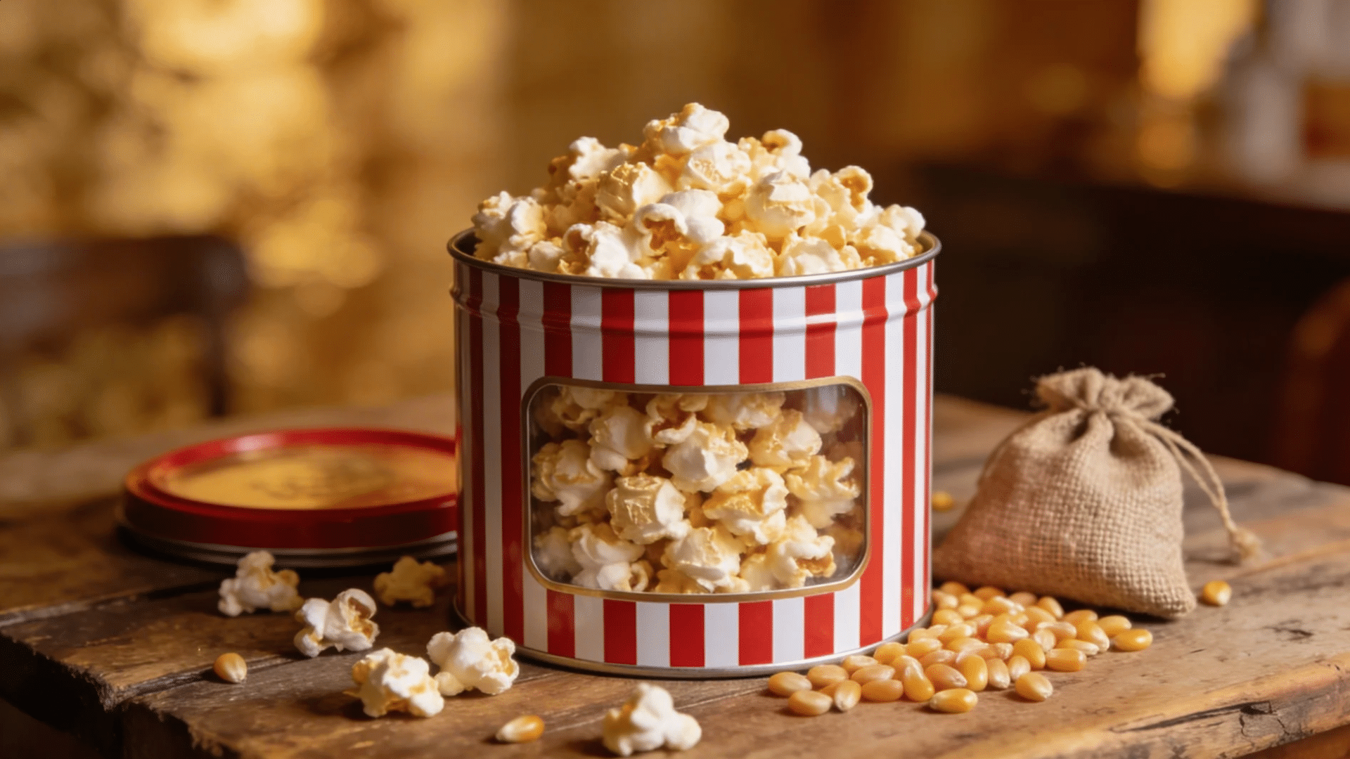 a decorative tin filled with caramel popcorn placed on a rustic surface with kernels and a small pouch for favorite things party gift ideas