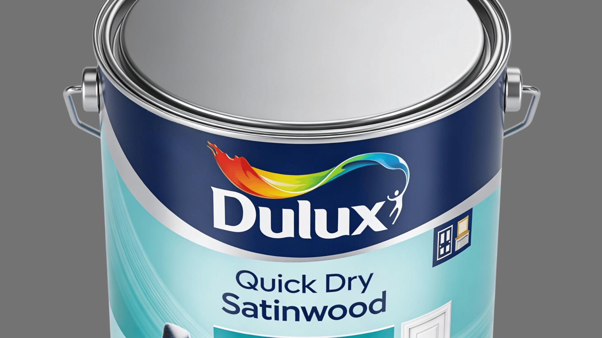 a dulux quick dry satinwood paint can with metal handle on white background