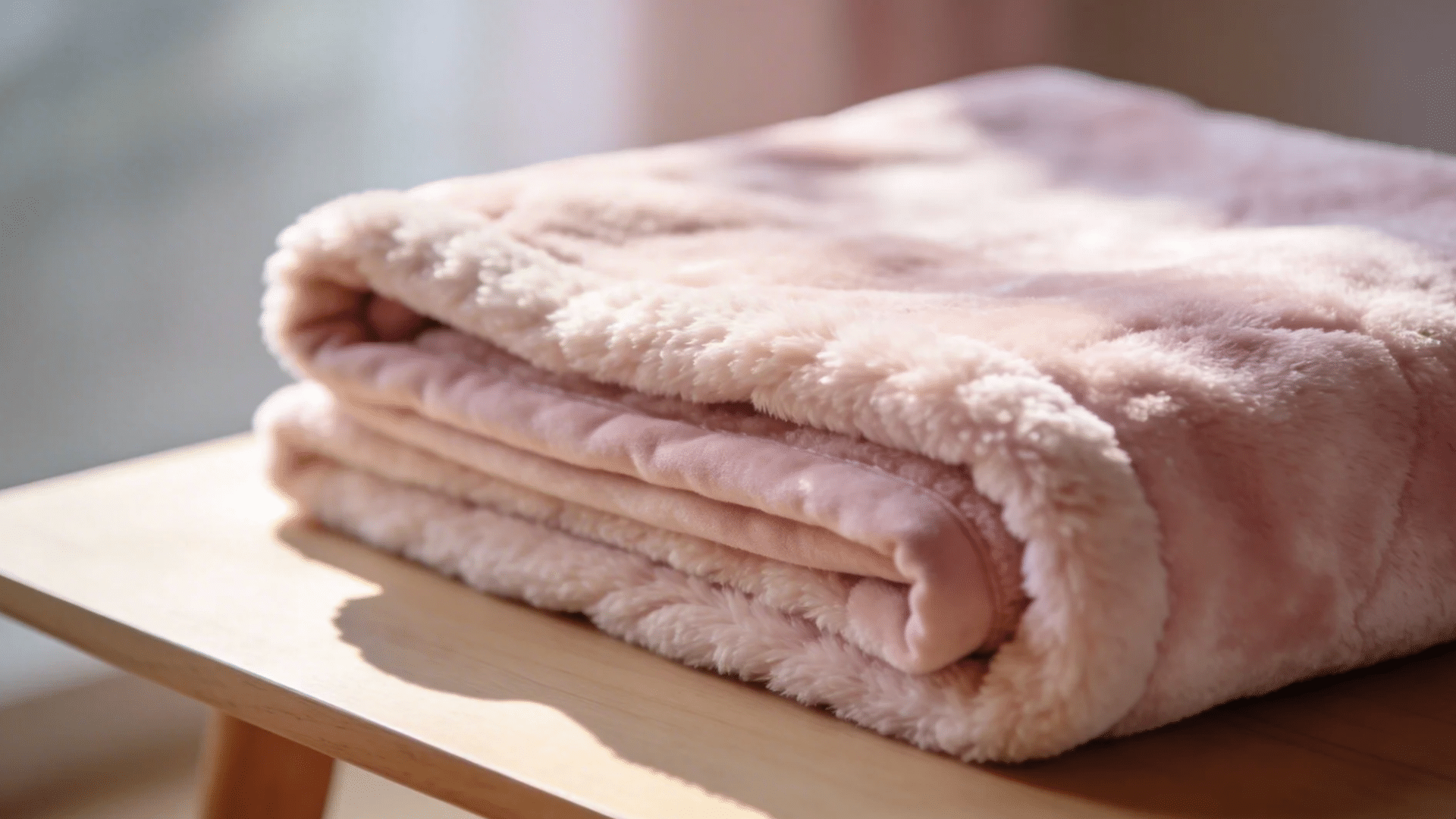 a folded soft pink blanket with plush texture placed neatly on a wooden surface for favorite things party gift ideas